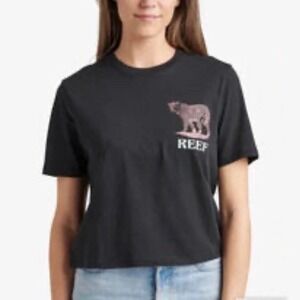 REEF Leopard Graphic Cropped T-Shirt - Black - Size Large 🐆🖤🌊